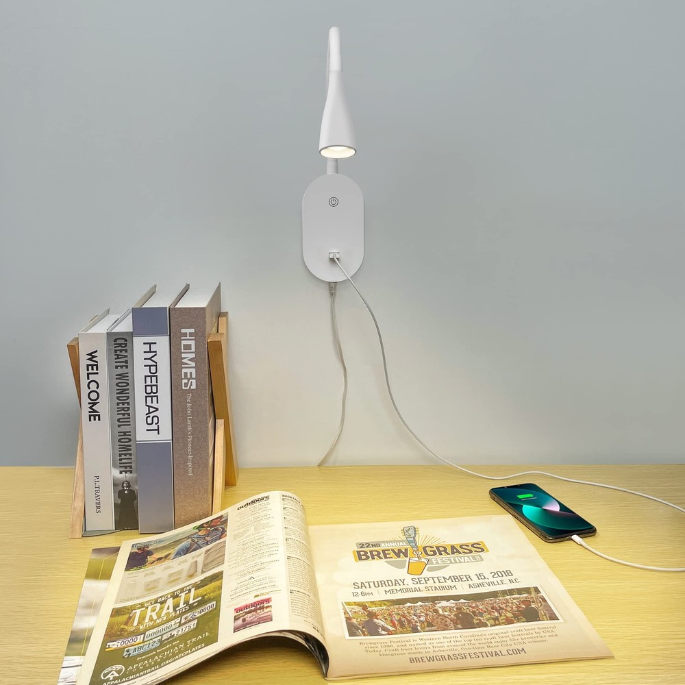 Wall Reading Light for Books in Bed USB Output 5 Dimmable Touch Control