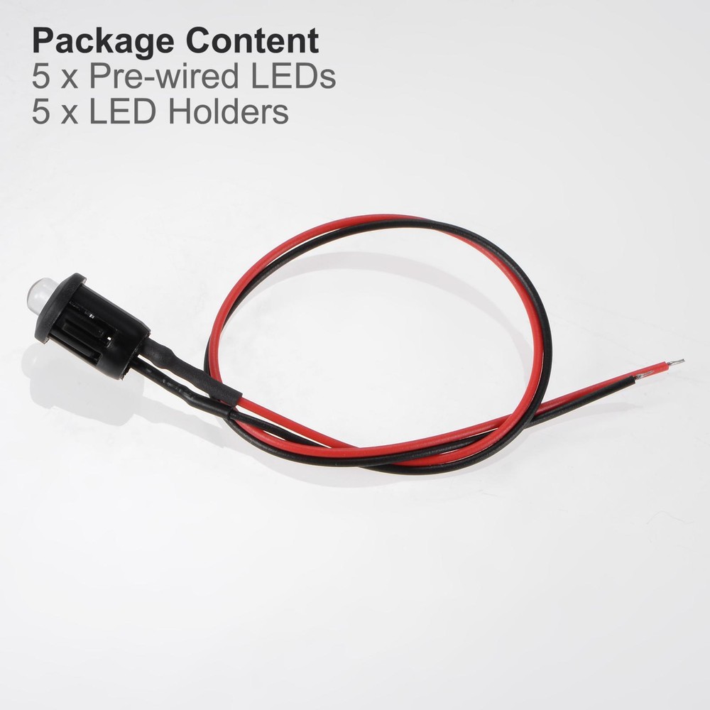 5Set DC 12V 5mm Pre Wired LED with Holder White Light Lens 8mm Panel Mount