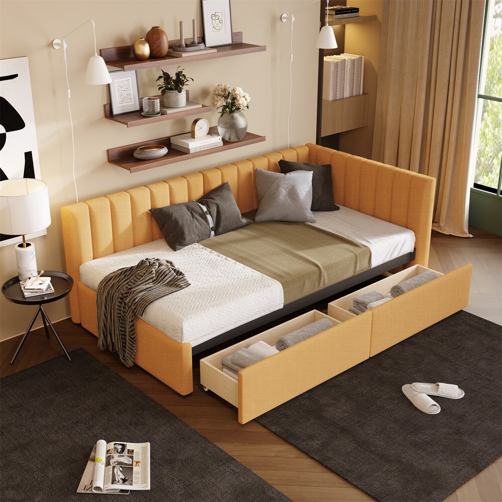 Twin Size Daybed w/ 2 Drawers Upholstered Bed Frame Sofa Bed w/ Storage US