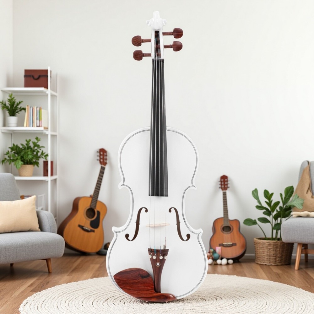 4/4 Solid Spruce Top Acoustic Beginner Violin Set - Tuner, White, Shoulder Rest