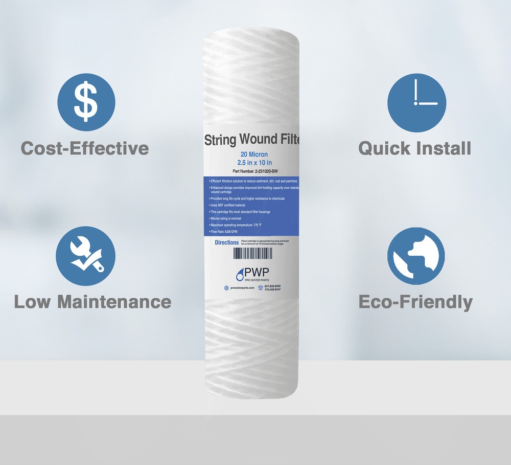 String Wound Sediment Water Filter Cartridge Standard 2.5x10" 20 Micron 5 Pack