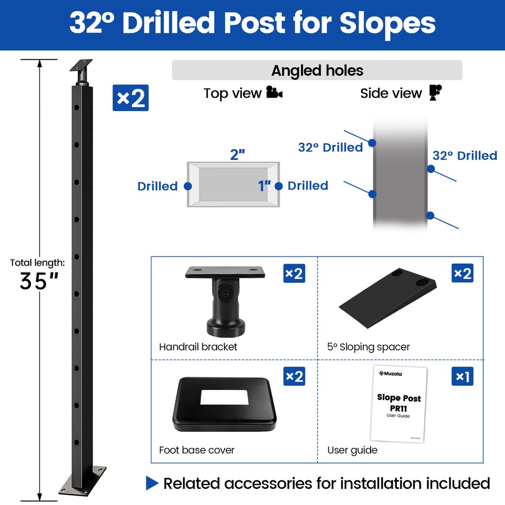 Muzata Slope Post Knee Wall 36"x1"x2" Adjustable Top Cable Railing Post PR11
