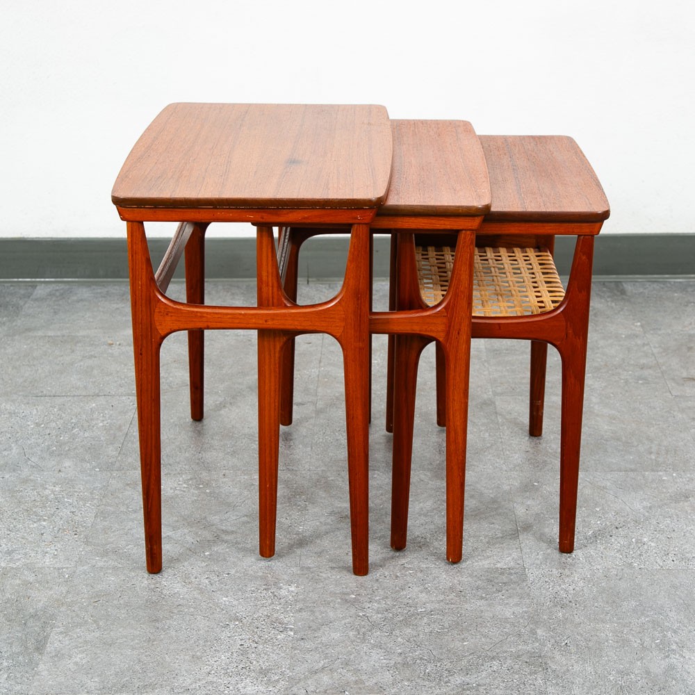 Mid Century Danish Modern Nesting Tables Solid Teak Set 3 Denmark Cane Vintage