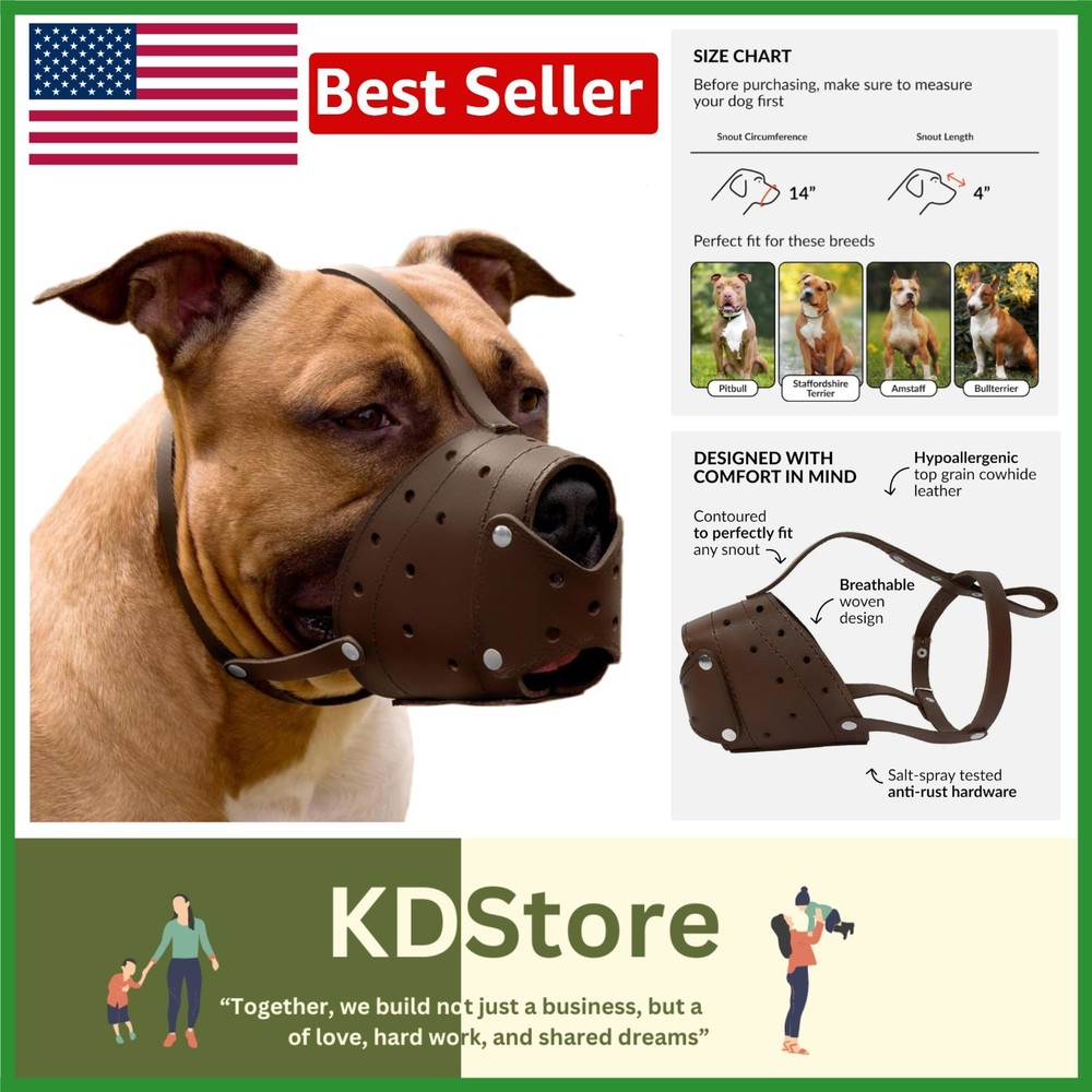 Adjustable Leather Dog Muzzle for Training – Anti-Bark for Pit Bulls & Staffies