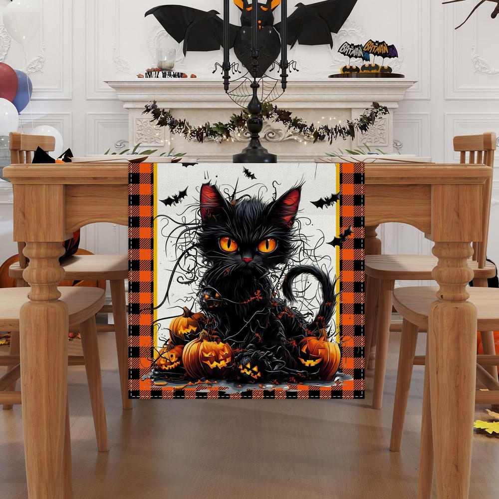 Halloween Decorations Black Cat Pumpkin Bat Spiderweb Table Runner Gift 13"x72"