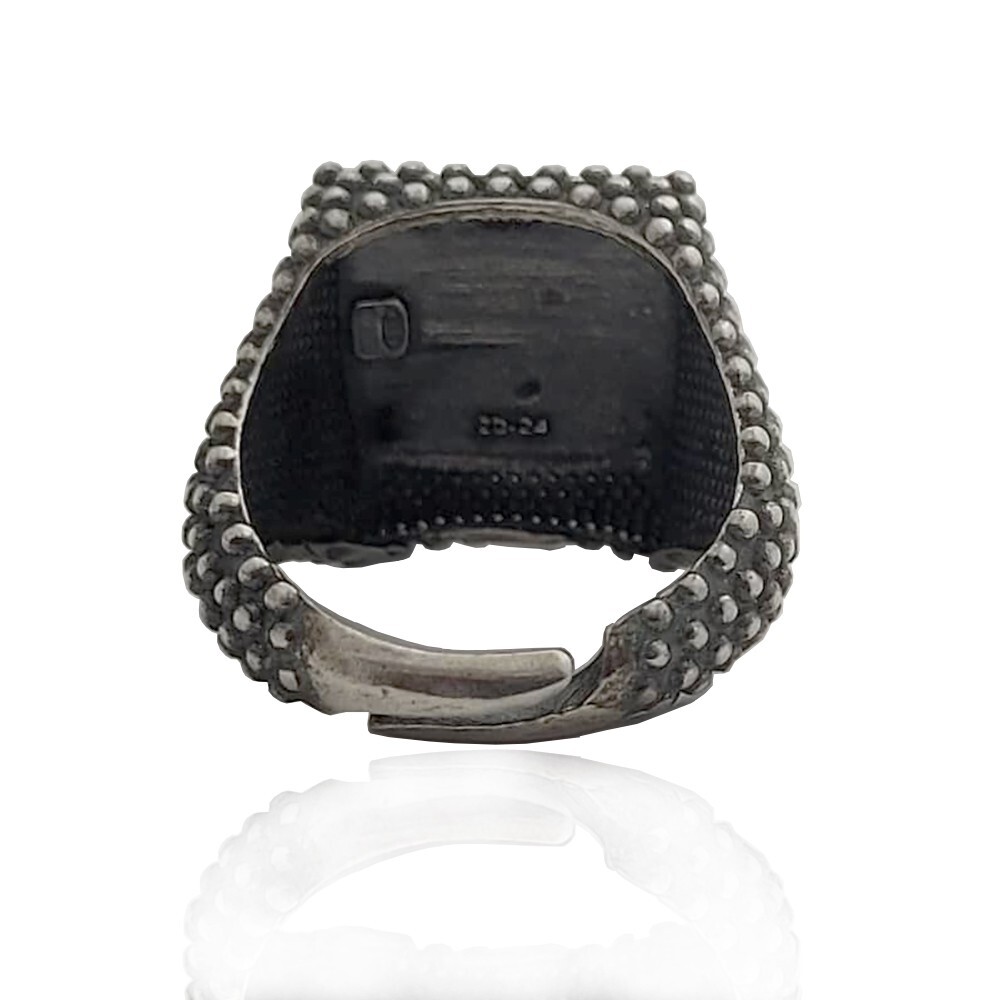 Mens 19x19mm Burnished 925 Silver Square Ring with Microspheres