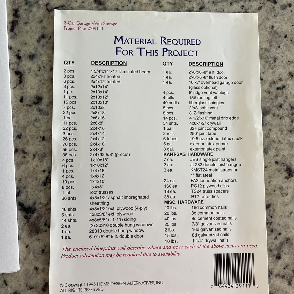 1995 2 Car Storage Garage Blueprint Pkg Complete Instructions Material List Plan