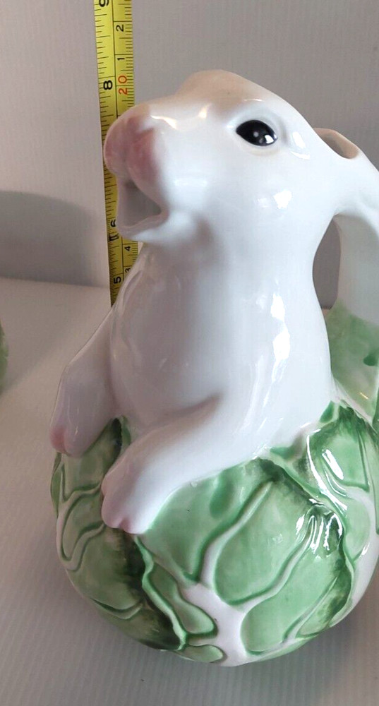 Bunny Rabbit in Cabbage Pitcher Rabbit 8" Tall Green and White Easter Spring