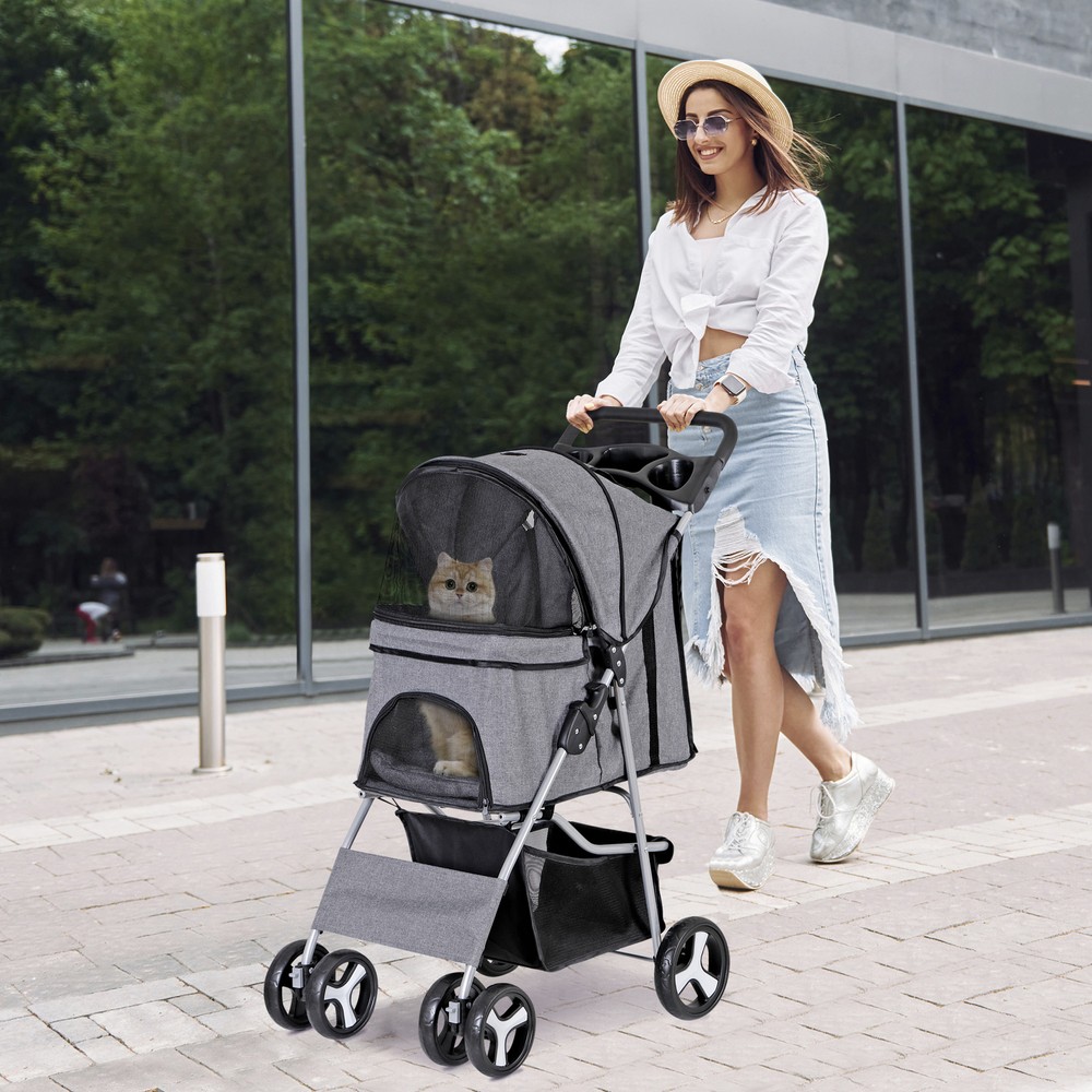 Pet Stroller 4 Wheels Cat Dog Stroller with Cup Holder, Breathable Mesh Grey