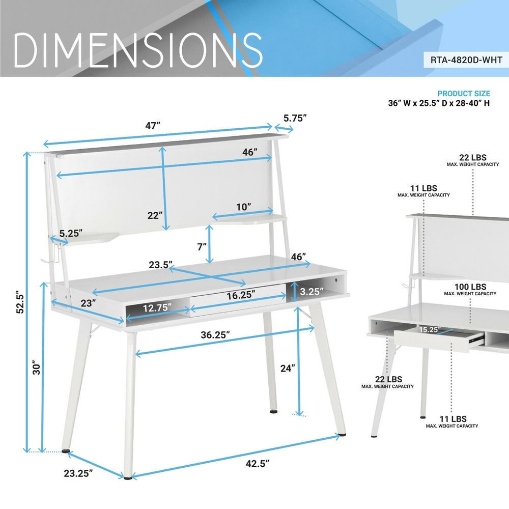 Techni Mobili Study Desk Computer Workstation w/ Multiple Storages & Whiteboard