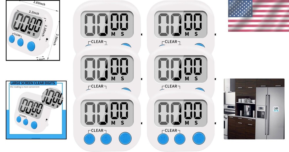 Precision 6-Pack Digital Kitchen Timer with Loud Alarm & Large Display, White