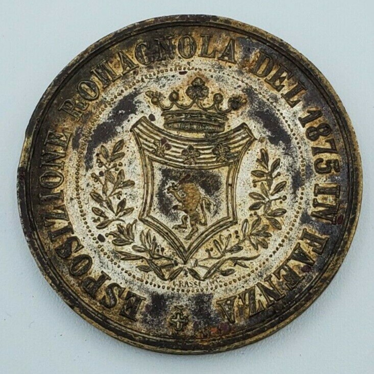 Original Italy coin medal antique 1875 exposition Romagna in Faenza star crown