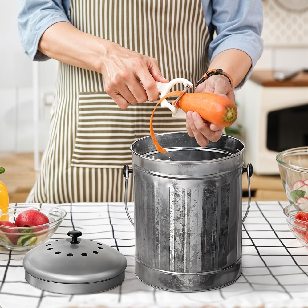 Countertop Compost Bin with Lid Silver 1.5 Gallon Odorless Kitchen Compost Co...
