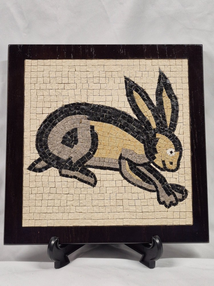 Mosaic Tile Rabbit Wall Art Framed Bunny Stone Tile Panel Spring Easter Decor