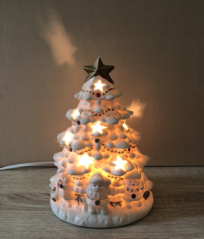 White Ceramic Christmas Tree Night Light Lamp W/reflecting Stars