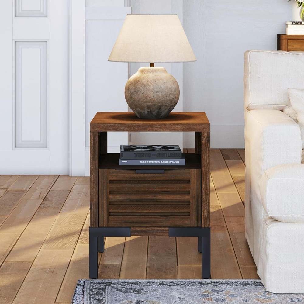 Solid Acacia Wood Nightstand with Drawer Shelf