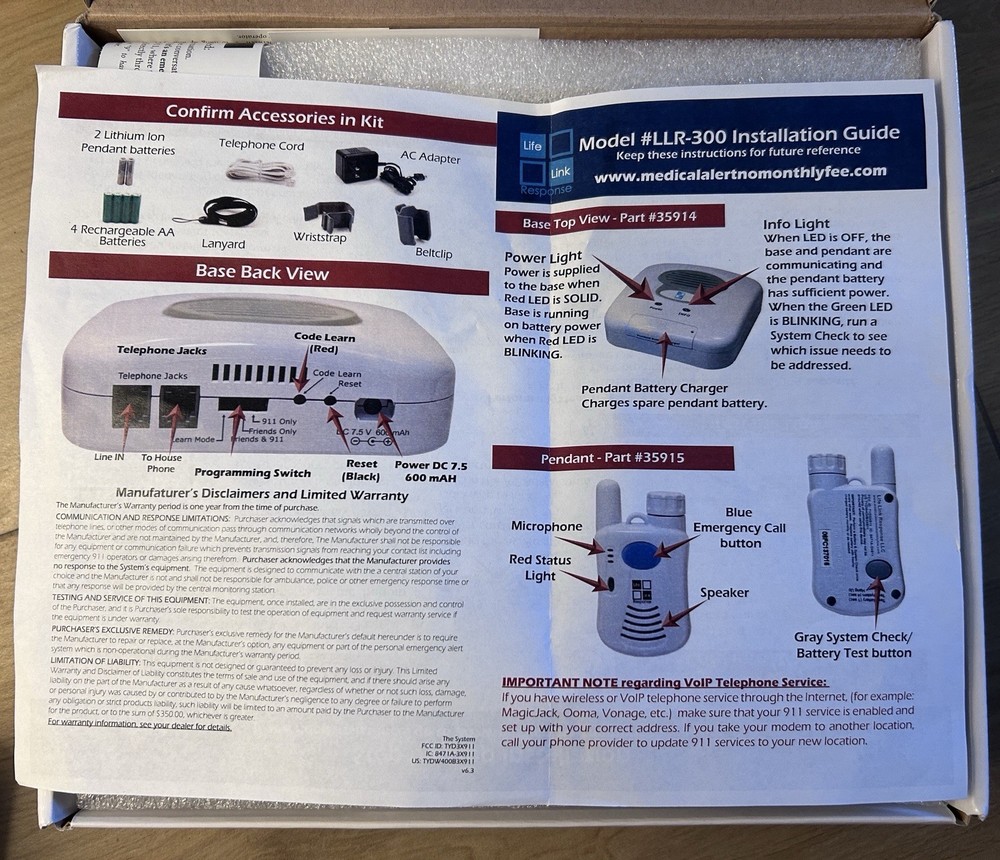 LIFE LINK RESPONSE 2 WAY VOICE EMERGENCY RESPONSE SYSTEM, PENDANT & 911 FORWARD