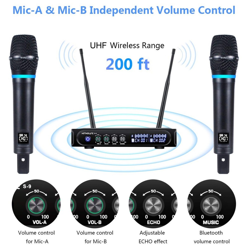 S9 UHF Rechargeable Wireless Microphone System Karaoke Mic Dual Handheld