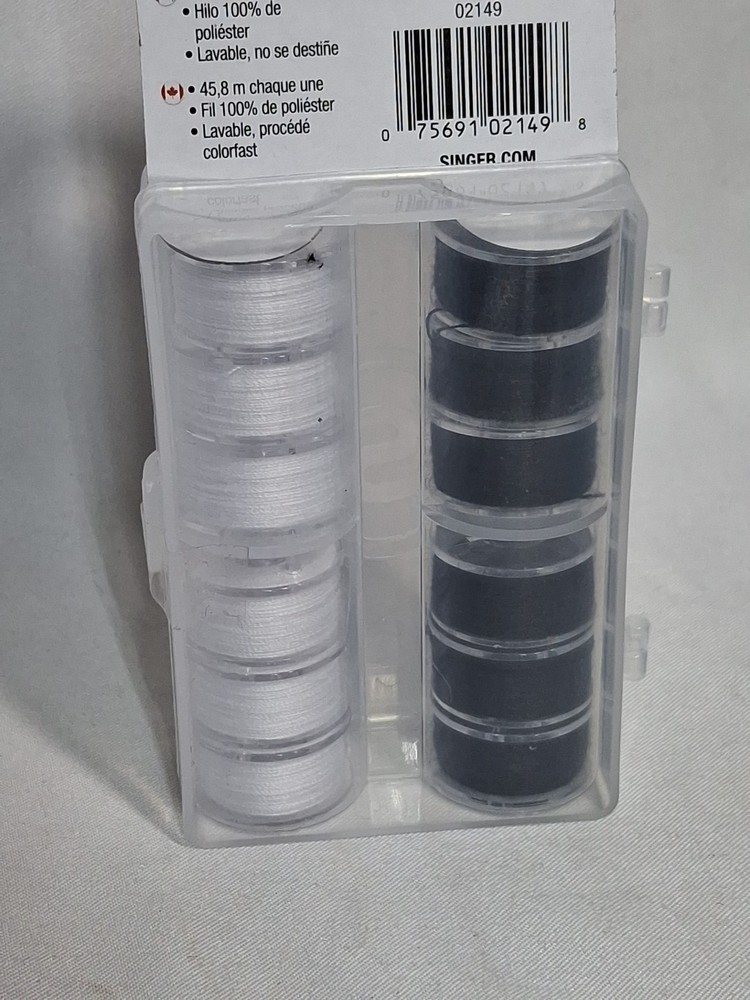 New Singer Threaded Class 15J Bobbins, 12 Pack, Black/White 50yds/Bobbin