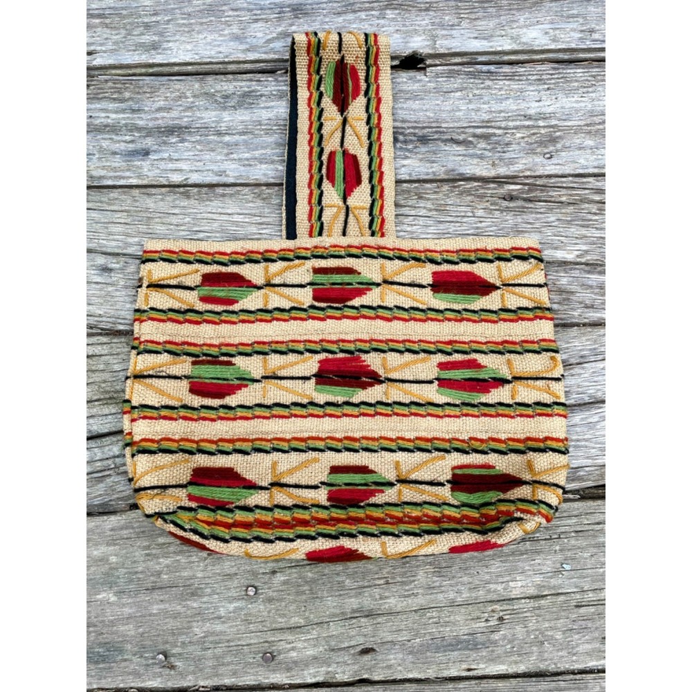 Vintage 1970s Burlap wool Embroidery Tote Bag Boho Hippy