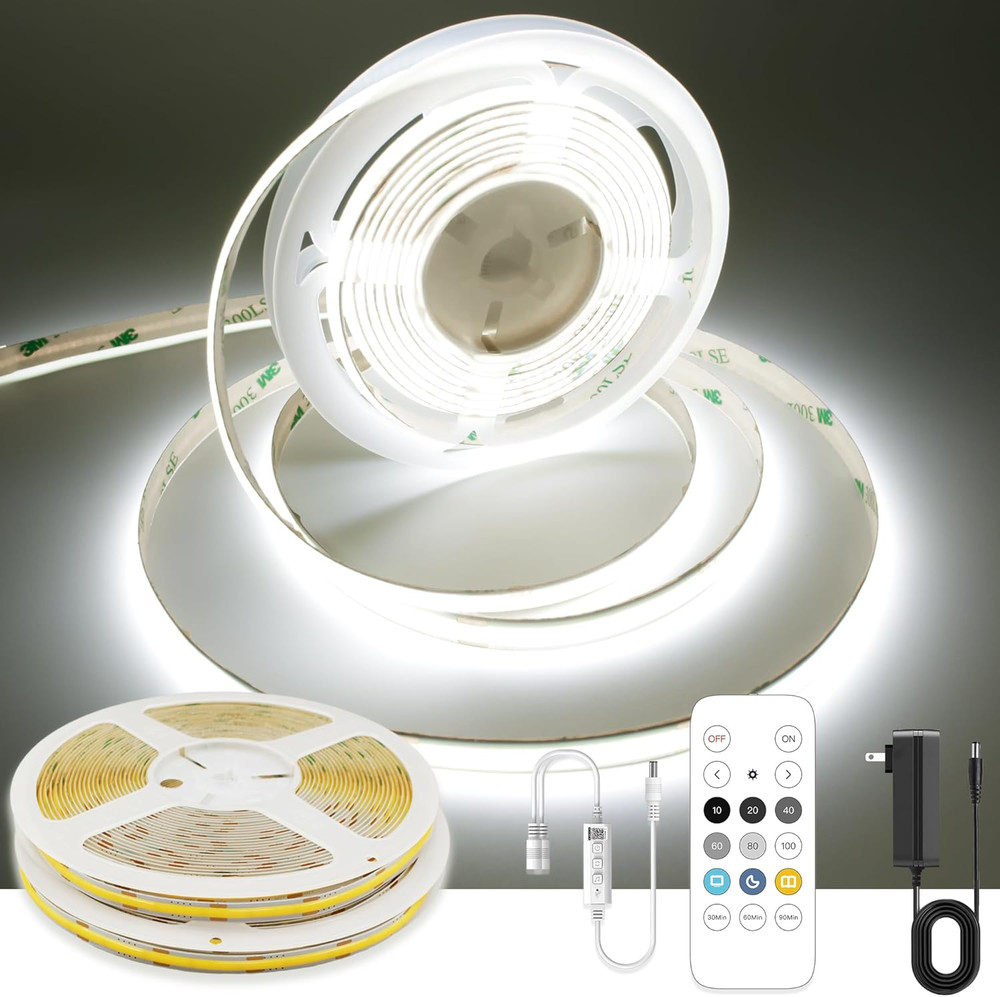 32.8Ft White COB LED Strip Light, High Bright LED Strips with 320Leds, RF Remote