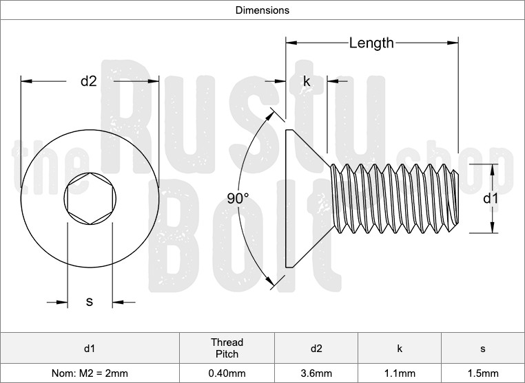 M2 x 8mm, Socket Flat Head Screws, A2 304 18-8, Stainless Steel, Countersunk