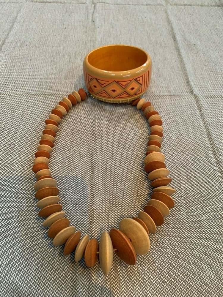 Wooden bead necklace and bangle bracelet