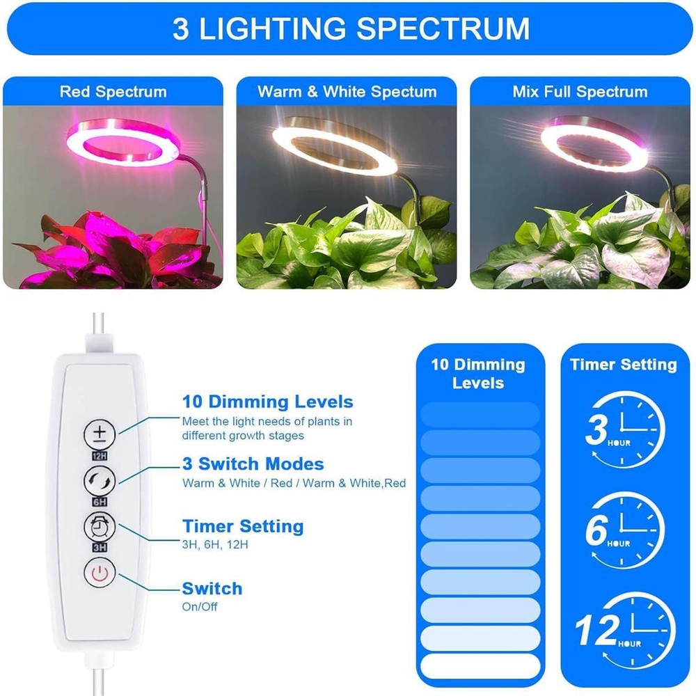 LED Grow Lights Plants Full Spectrum Plant Light Adjustable Automatic Timer US