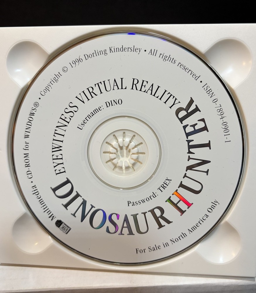 Vintage 1996 Dinosaur Hunter PC CD-ROM Eyewitness Virtual Reality Windows 95