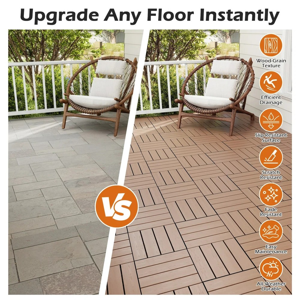 44Pcs HDPE Interlocking Deck,Waterproof Snap-Together w/Drainage Design,Brown