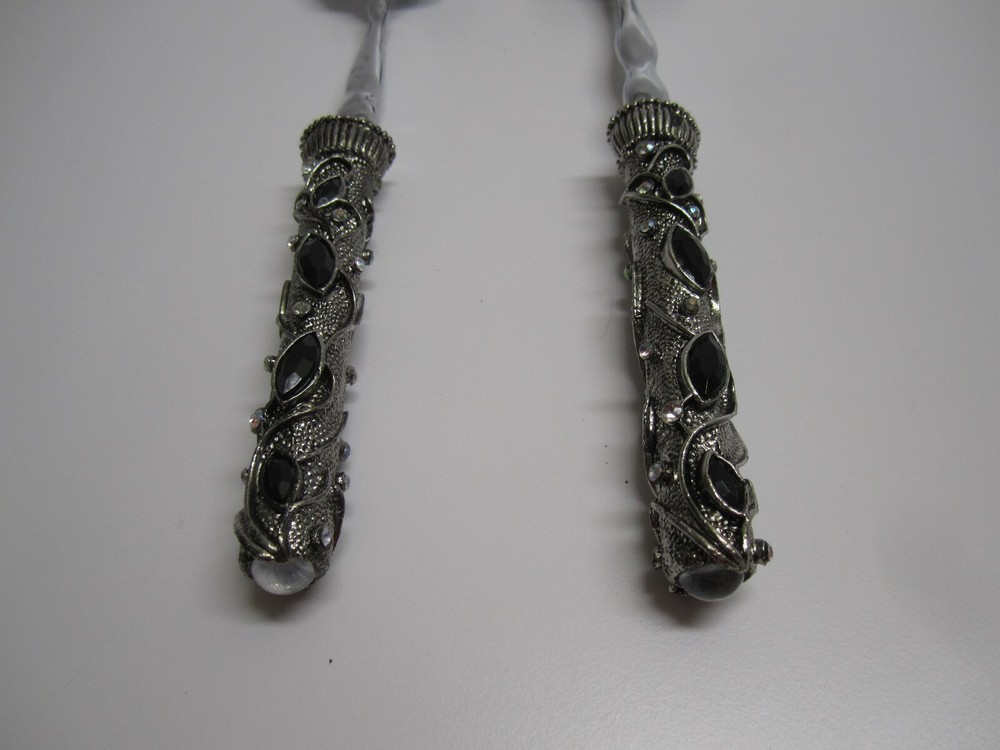 2 Saints Silver Serving Salad Fork & Spoon Set Ornate Black & Crystal Handles