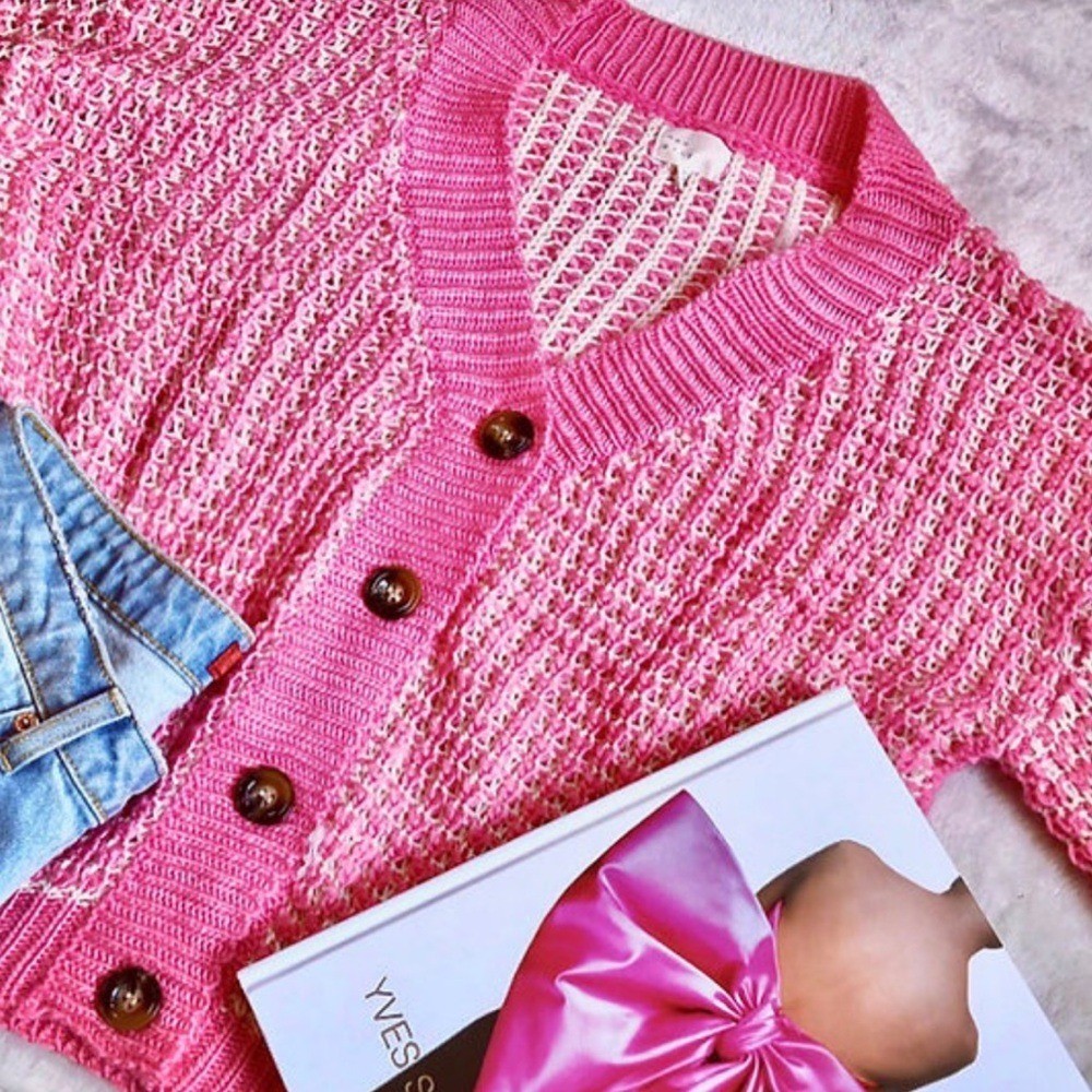 Pink Waffle Knit V-neck Button Up Sweater