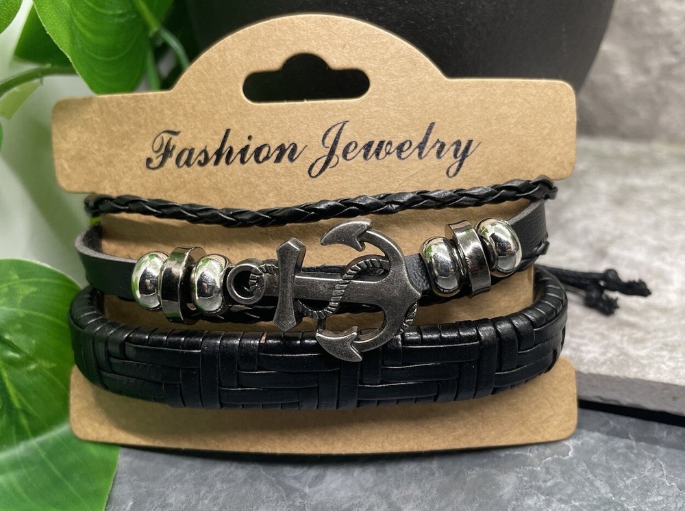 2 PC PU Leather Bracelet Set  Stackable Adjustable Tie Free Ship Anchor B3345