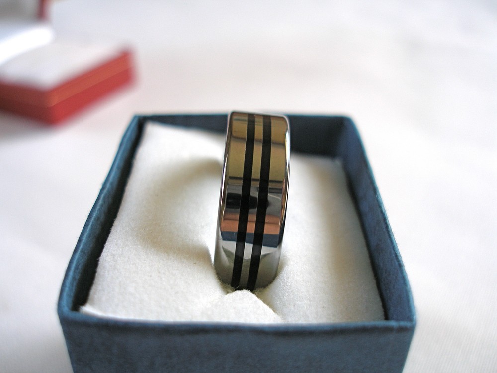 MENS- Tungsten Ring with Black Enamel Stripes