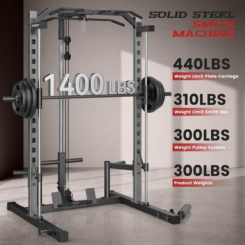 Smith Machine, Multi-Function Power Cage Squat Rack with LAT-Pull Down System US