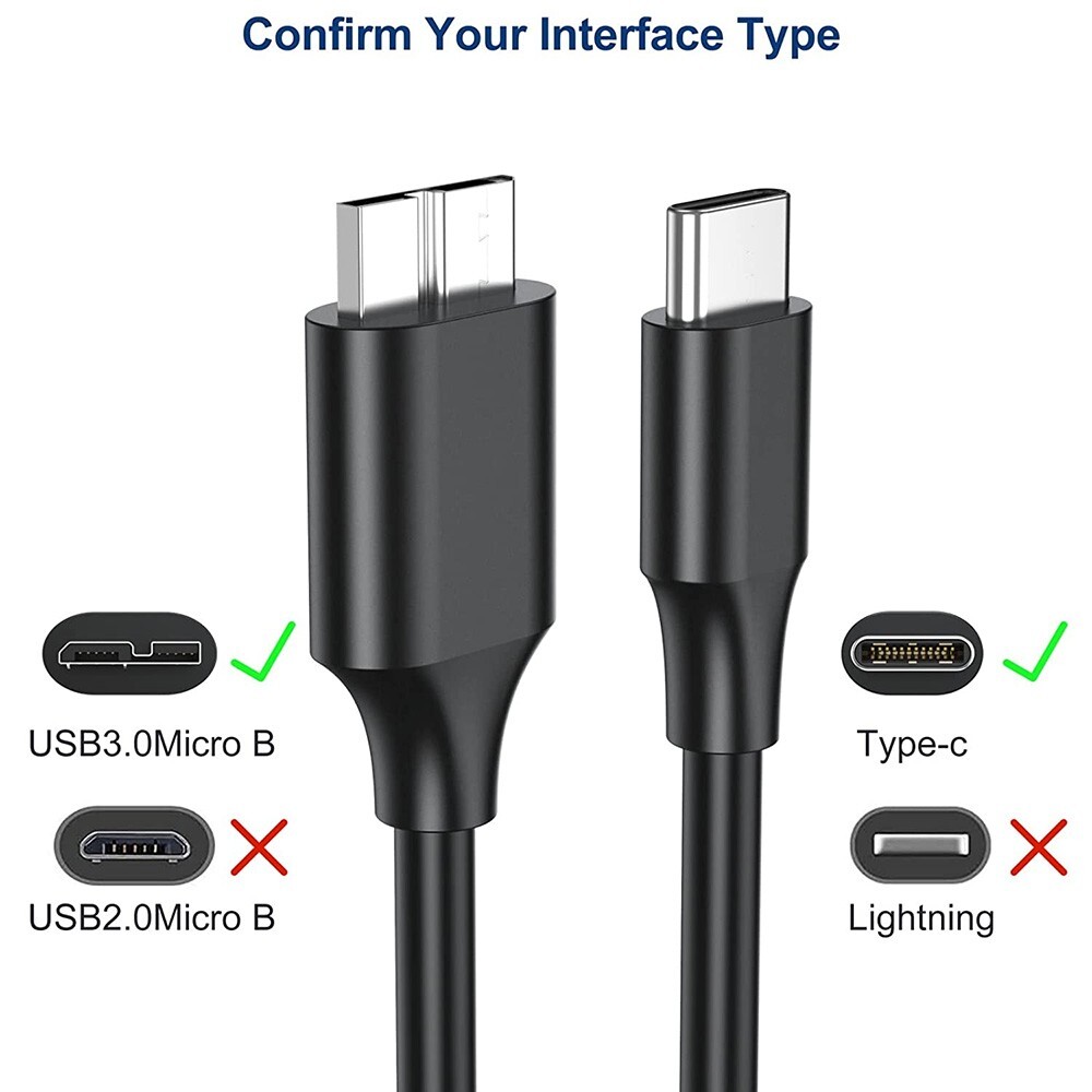 3ft Micro B to USB Type C 3.1 External Hard Drive Cable Cord MacBook Seagate WD
