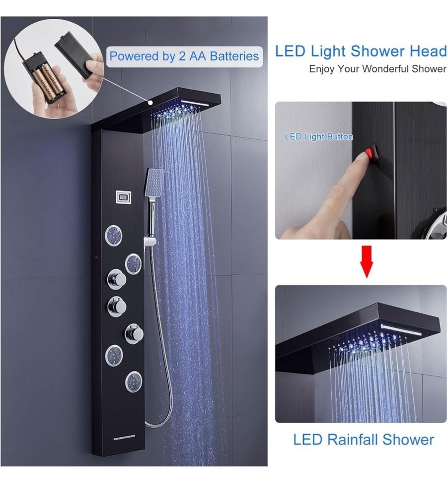 Shower Panel Tower led Black / Chrome 4 Jet, Rainfall, Handheld, 6 Function