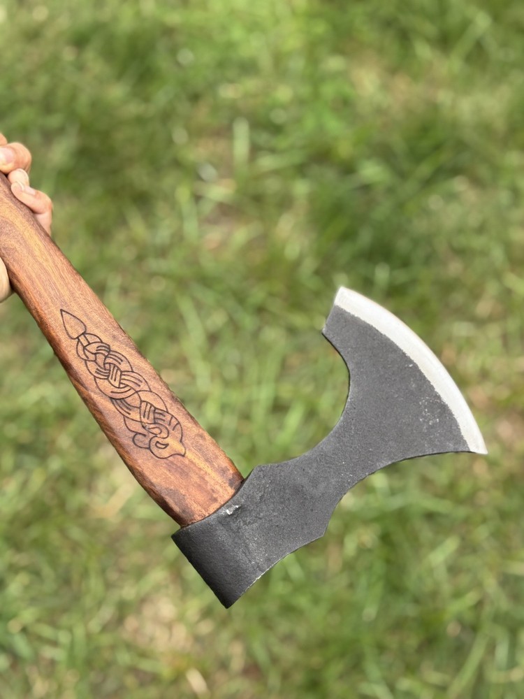 Custom Handmade Carbon Axe Engraved Handle With Leather Sheath