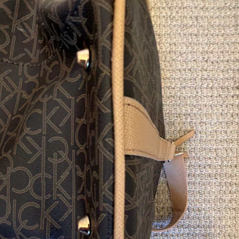Calvin Klein Logo Print Brown Polyester Duffle Bag Adjustable Straps