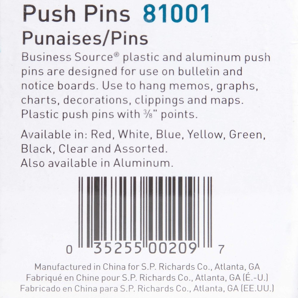Business Source Pushpin, Assorted (81001) 10" x 2.5" x 14.4",