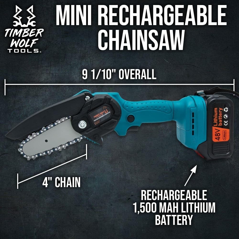 Timber Wolf Tools Mini Rechargeable Chainsaw with Case | 4” Chain |Two Batteries