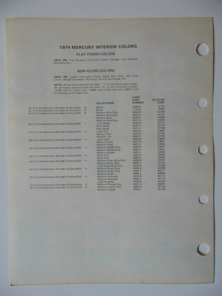Original 1974 Ditzler Mercury Paint Chips Sheet - Cougar,Capri,Montego,Comet