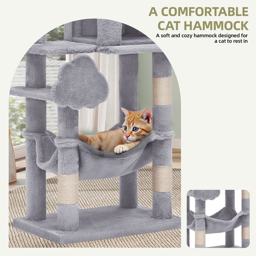 44" Cat Tree Tower, with Scratch Posts, Condo, Hammock, Toys, Light Gray
