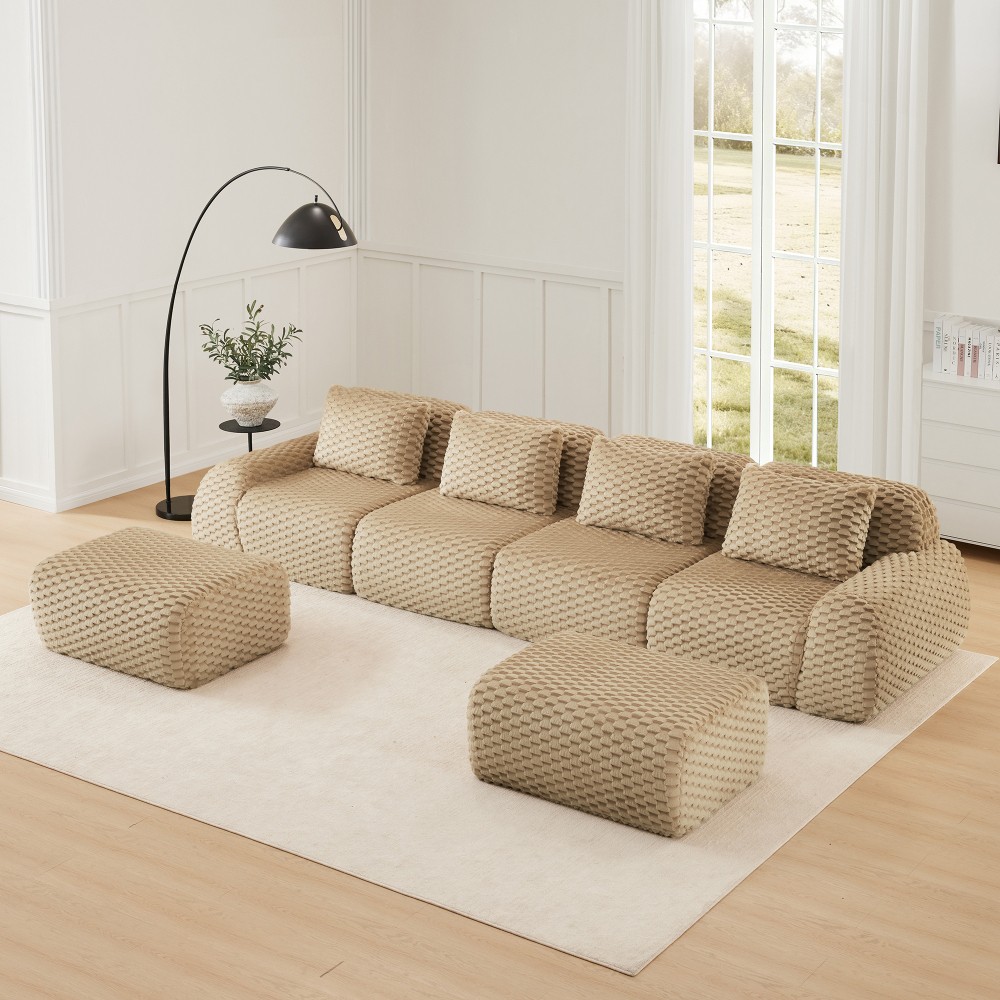 146" U-Shaped Flannelette Modular Sectional Sofa w/ Ottoman, Light Camel