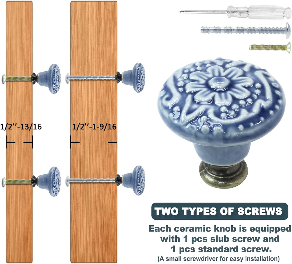 12 Pcs Light Blue Vintage Round Ceramic Cabinet Knobs and Pulls for Drawer, Cupb