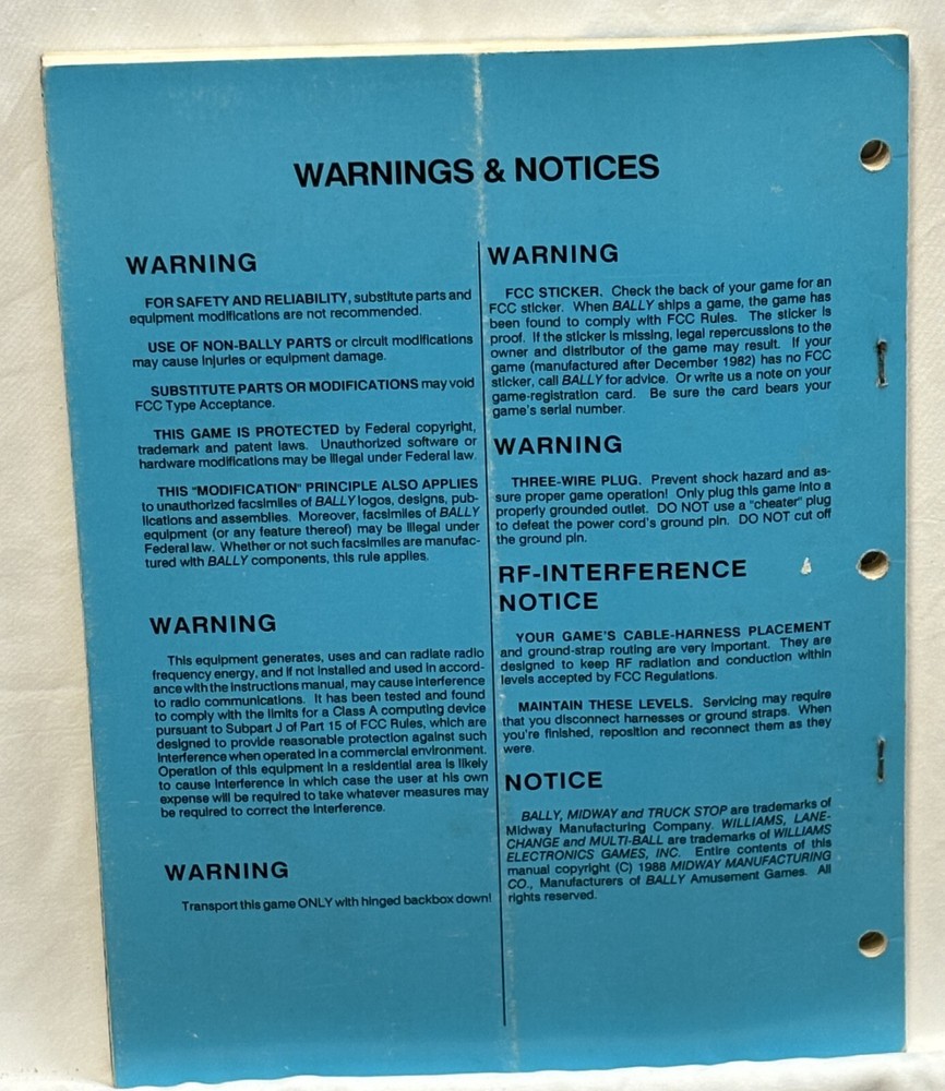 ORIGINAL-BALLY-TRUCK STOP-OPERATING MANUAL
