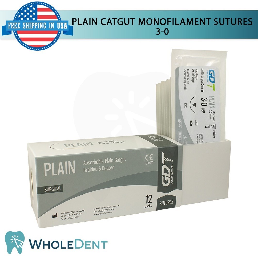 Monofilament Plain Catgut Suture Sewing Thread 3/8 Circle Reverse Sterile 3-0