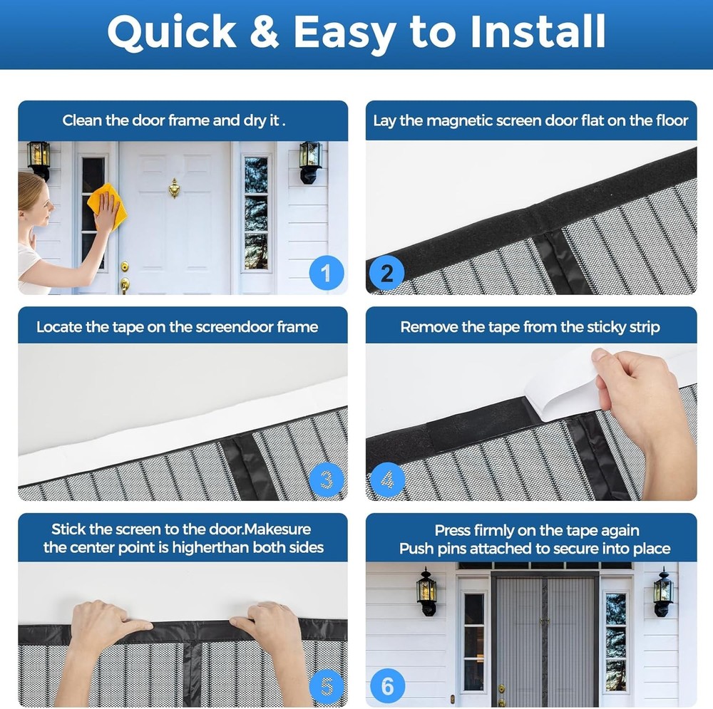 Magnetic Screen Door for 36"x82" Openings - Easy Install Polyester Mesh