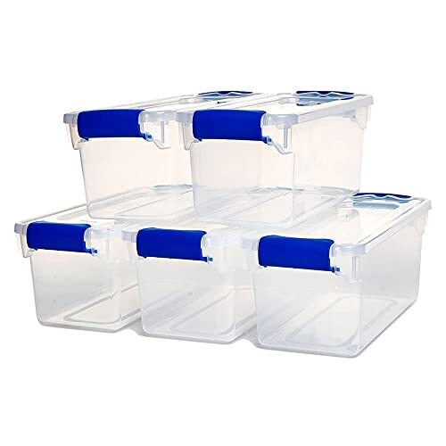 5 Pack Small Clear Plastic Storage Bins with Latching 7.5 QT (5 Pack) Blue