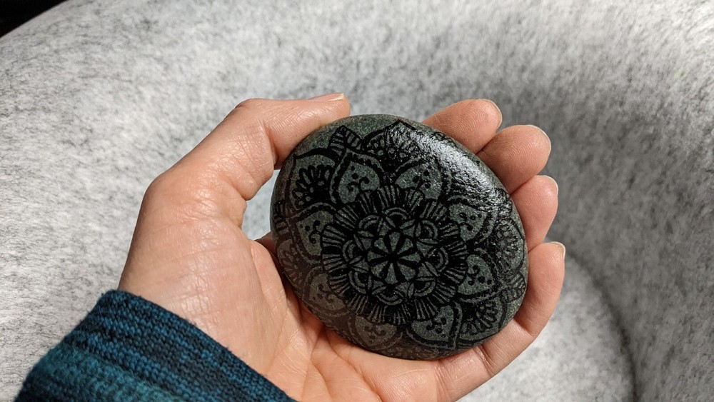 Hand Painted Rock / Stone - mandala black line design